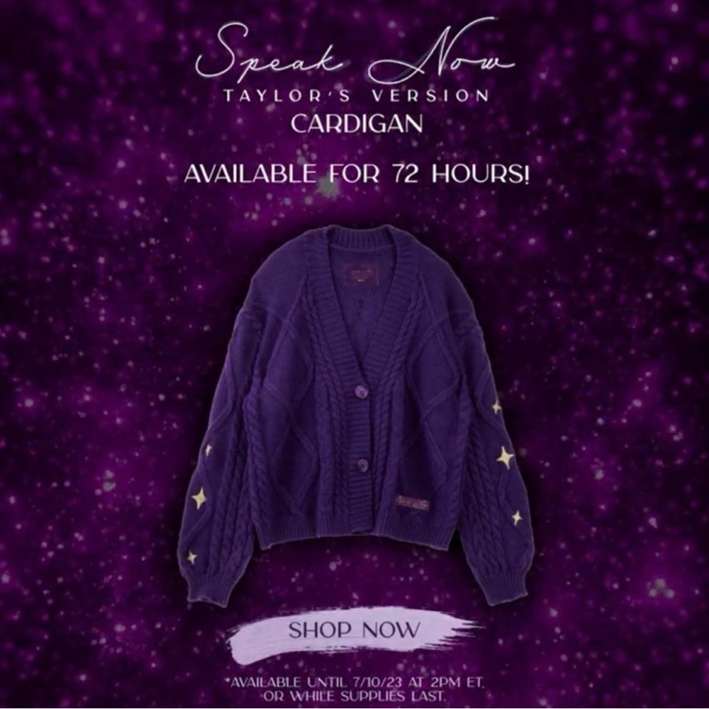 Taylor Swift Speak Now TV Taylor's Version Cardigan Purple Gold Stars NEW XS/S